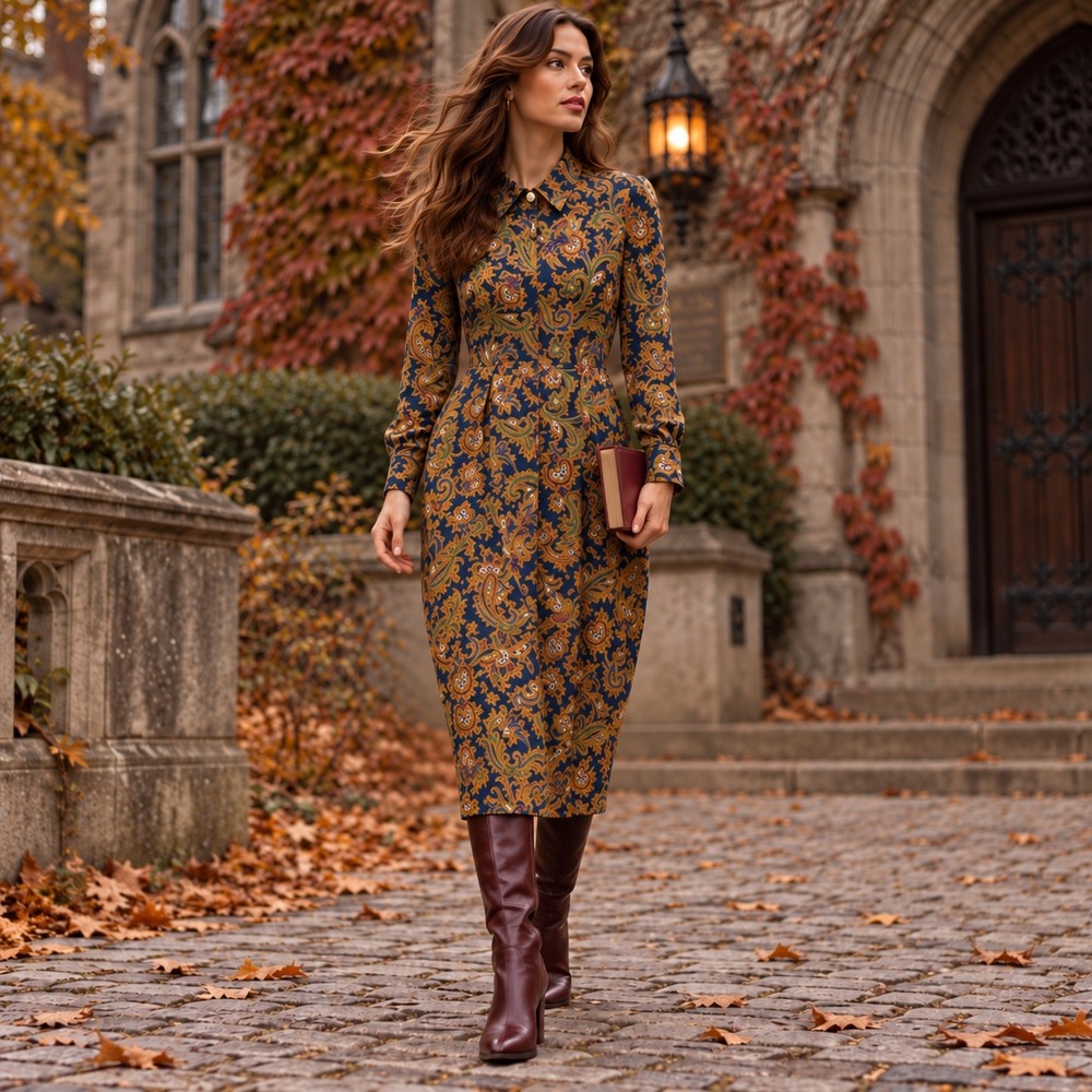 Vintage Liz Claiborne Paisley Rayon Midi Shirt Dress 8P Dark Academia